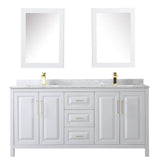 Daria 72 Inch Double Bathroom Vanity in White, White Carrara Marble Countertop, Undermount Square Sinks, Medicine Cabinets, Brushed Gold Trim