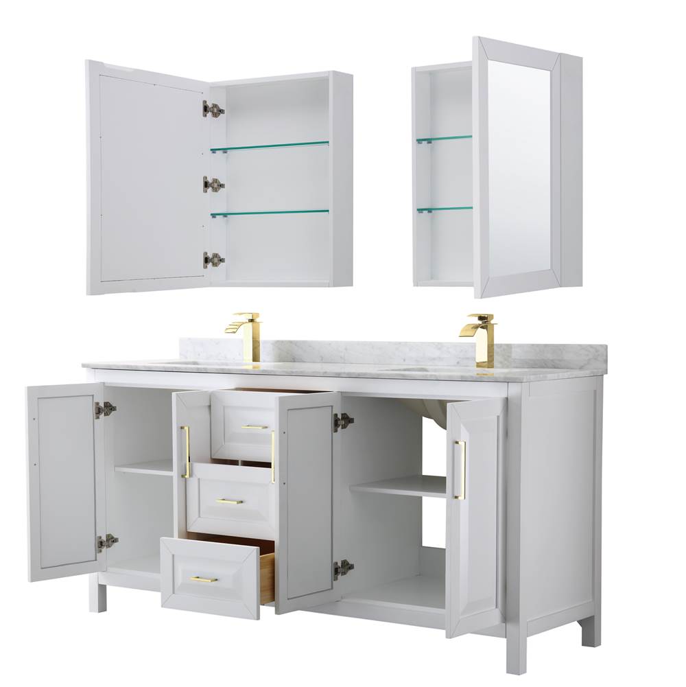 Daria 72 Inch Double Bathroom Vanity in White, White Carrara Marble Countertop, Undermount Square Sinks, Medicine Cabinets, Brushed Gold Trim