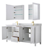 Daria 72 Inch Double Bathroom Vanity in White, White Carrara Marble Countertop, Undermount Square Sinks, Medicine Cabinets, Brushed Gold Trim