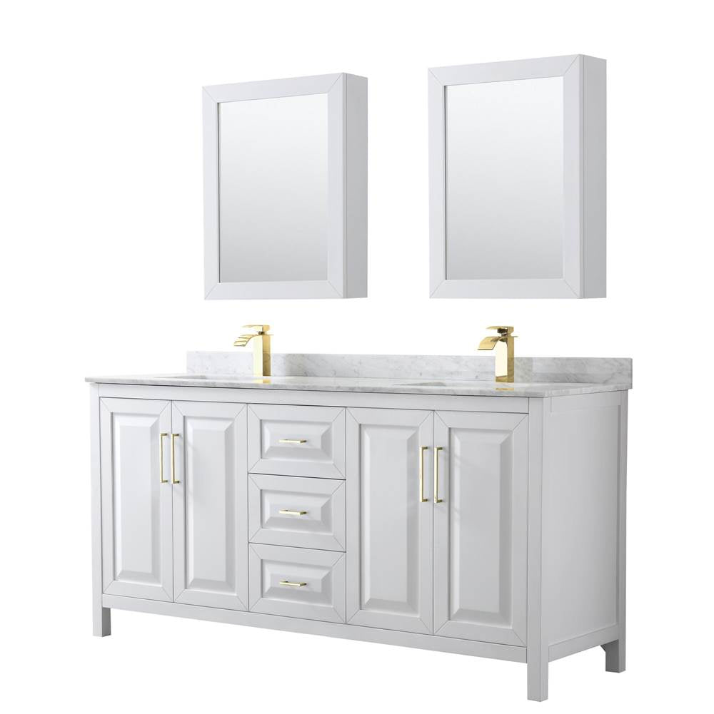 Wyndham Collection - Daria 72 Inch Double Bathroom Vanity in White, White Carrara Marble Countertop, Undermount Square Sinks, Medicine Cabinets, Brushed Gold Trim
