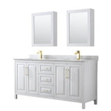Wyndham Collection - Daria 72 Inch Double Bathroom Vanity in White, White Carrara Marble Countertop, Undermount Square Sinks, Medicine Cabinets, Brushed Gold Trim