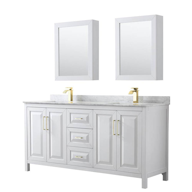 Wyndham Collection - Daria 72 Inch Double Bathroom Vanity in White, White Carrara Marble Countertop, Undermount Square Sinks, Medicine Cabinets, Brushed Gold Trim