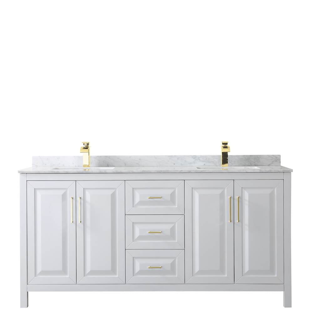 Daria 72 Inch Double Bathroom Vanity in White, White Carrara Marble Countertop, Undermount Square Sinks, Brushed Gold Trim