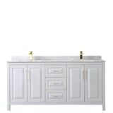 Daria 72 Inch Double Bathroom Vanity in White, White Carrara Marble Countertop, Undermount Square Sinks, Brushed Gold Trim