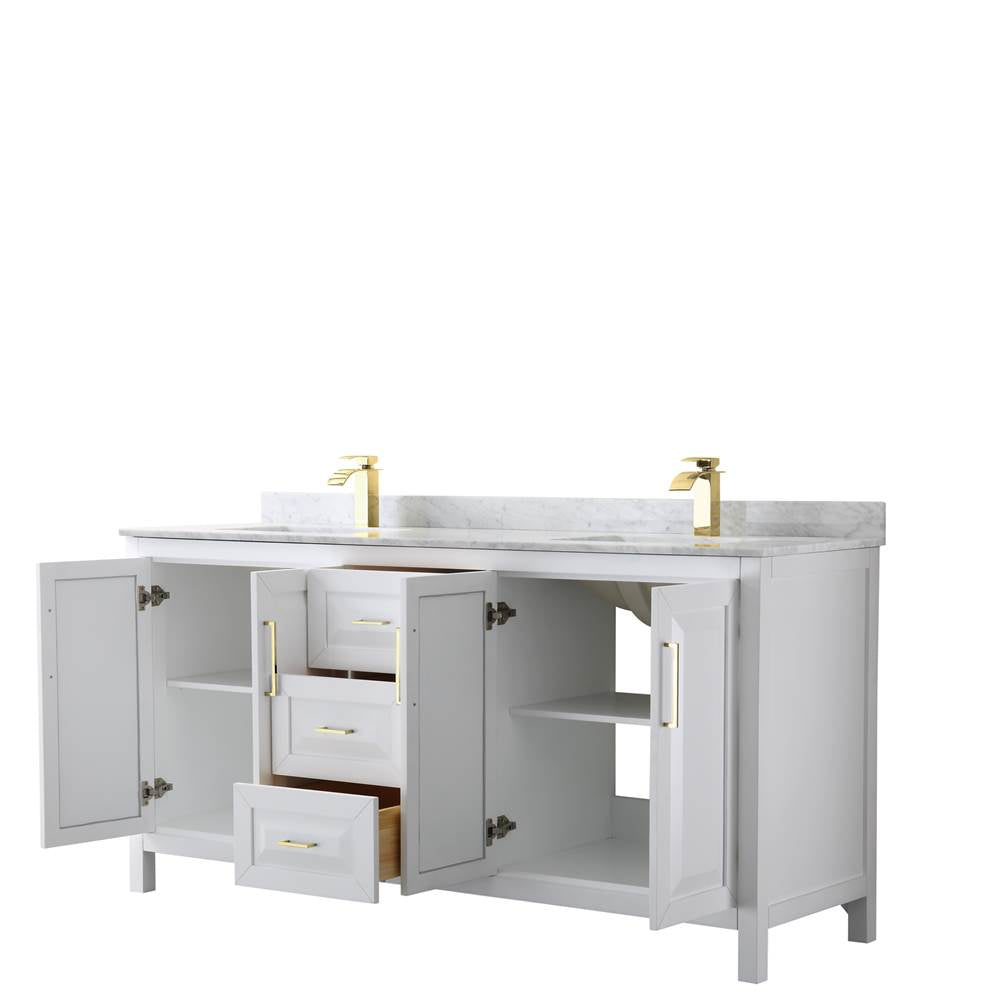 Daria 72 Inch Double Bathroom Vanity in White, White Carrara Marble Countertop, Undermount Square Sinks, Brushed Gold Trim