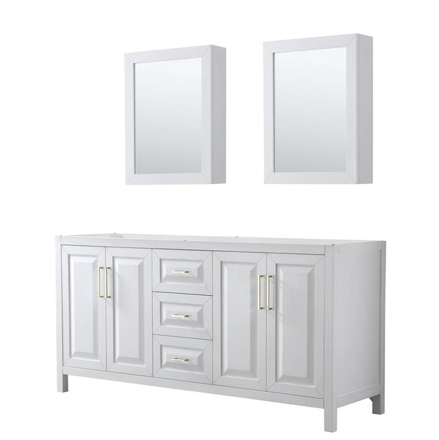 Wyndham Collection - Daria 72 Inch Double Bathroom Vanity in White, No Countertop, No Sink, Medicine Cabinets, Brushed Gold Trim