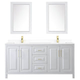 Daria 72 Inch Double Bathroom Vanity in White, White Cultured Marble Countertop, Undermount Square Sinks, 24 Inch Mirrors, Brushed Gold Trim