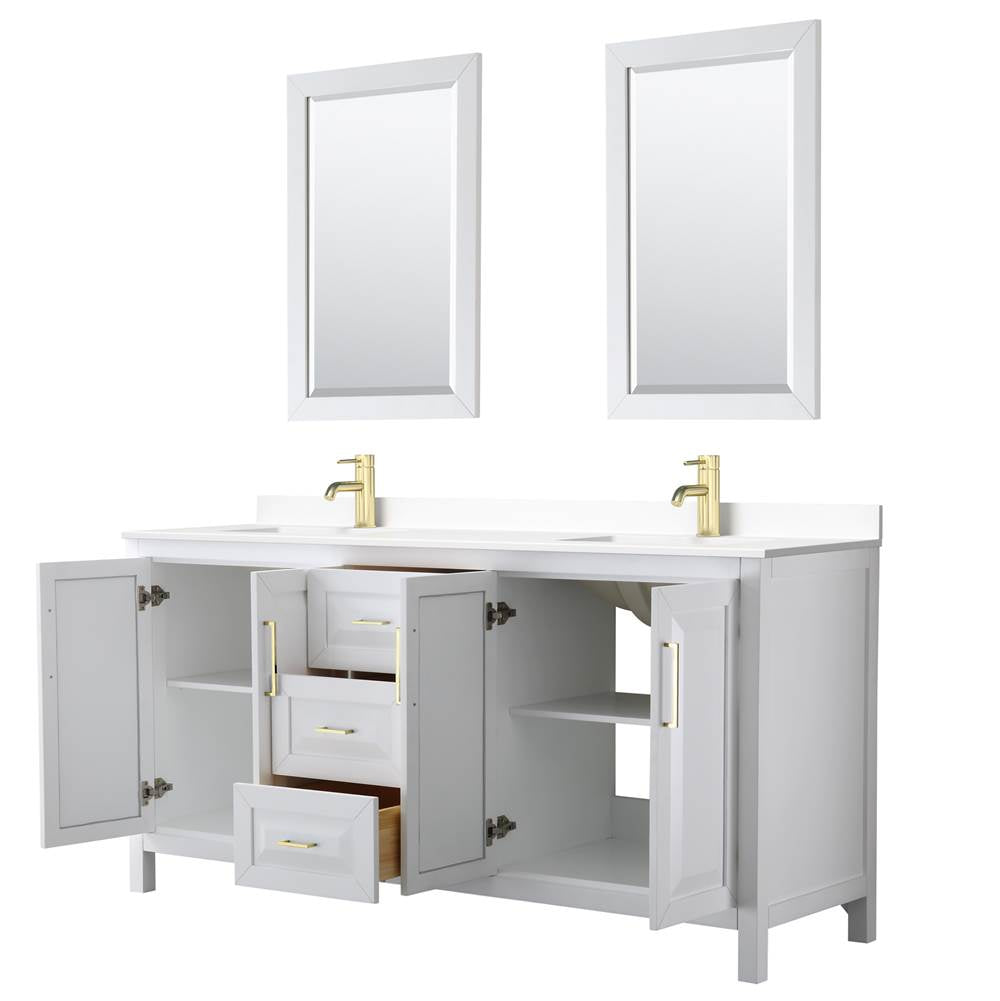 Daria 72 Inch Double Bathroom Vanity in White, White Cultured Marble Countertop, Undermount Square Sinks, 24 Inch Mirrors, Brushed Gold Trim
