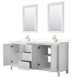 Daria 72 Inch Double Bathroom Vanity in White, White Cultured Marble Countertop, Undermount Square Sinks, 24 Inch Mirrors, Brushed Gold Trim