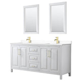 Wyndham Collection - Daria 72 Inch Double Bathroom Vanity in White, White Cultured Marble Countertop, Undermount Square Sinks, 24 Inch Mirrors, Brushed Gold Trim