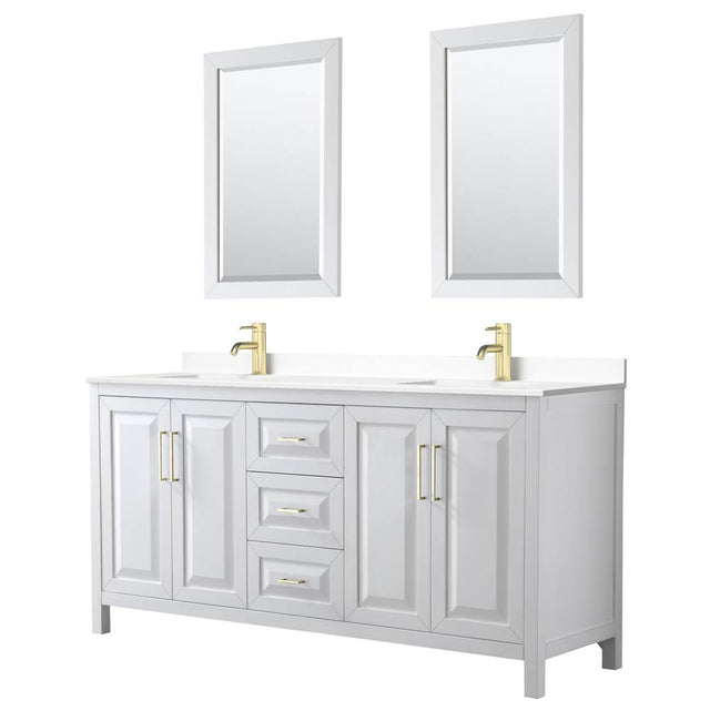 Wyndham Collection - Daria 72 Inch Double Bathroom Vanity in White, White Cultured Marble Countertop, Undermount Square Sinks, 24 Inch Mirrors, Brushed Gold Trim