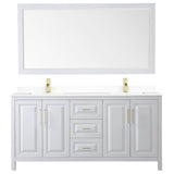 Daria 72 Inch Double Bathroom Vanity in White, White Cultured Marble Countertop, Undermount Square Sinks, 70 Inch Mirror, Brushed Gold Trim