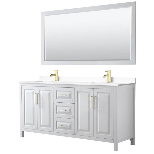 Wyndham Collection - Daria 72 Inch Double Bathroom Vanity in White, White Cultured Marble Countertop, Undermount Square Sinks, 70 Inch Mirror, Brushed Gold Trim