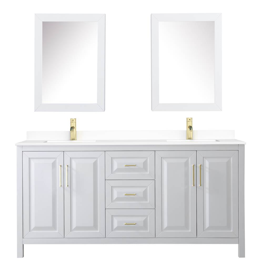 Daria 72 Inch Double Bathroom Vanity in White, White Cultured Marble Countertop, Undermount Square Sinks, Medicine Cabinets, Brushed Gold Trim