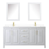 Daria 72 Inch Double Bathroom Vanity in White, White Cultured Marble Countertop, Undermount Square Sinks, Medicine Cabinets, Brushed Gold Trim