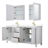 Daria 72 Inch Double Bathroom Vanity in White, White Cultured Marble Countertop, Undermount Square Sinks, Medicine Cabinets, Brushed Gold Trim