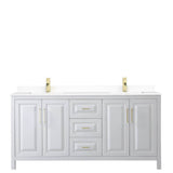 Daria 72 Inch Double Bathroom Vanity in White, White Cultured Marble Countertop, Undermount Square Sinks, Brushed Gold Trim