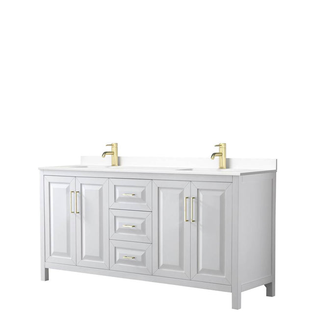 Wyndham Collection - Daria 72 Inch Double Bathroom Vanity in White, White Cultured Marble Countertop, Undermount Square Sinks, Brushed Gold Trim