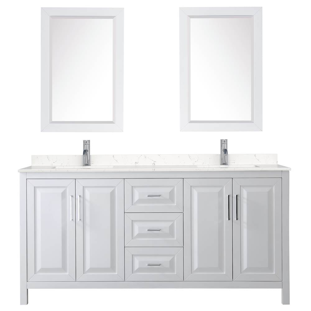 Daria 72 Inch Double Bathroom Vanity in White, Carrara Cultured Marble Countertop, Undermount Square Sinks, 24 Inch Mirrors