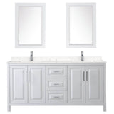Daria 72 Inch Double Bathroom Vanity in White, Carrara Cultured Marble Countertop, Undermount Square Sinks, 24 Inch Mirrors