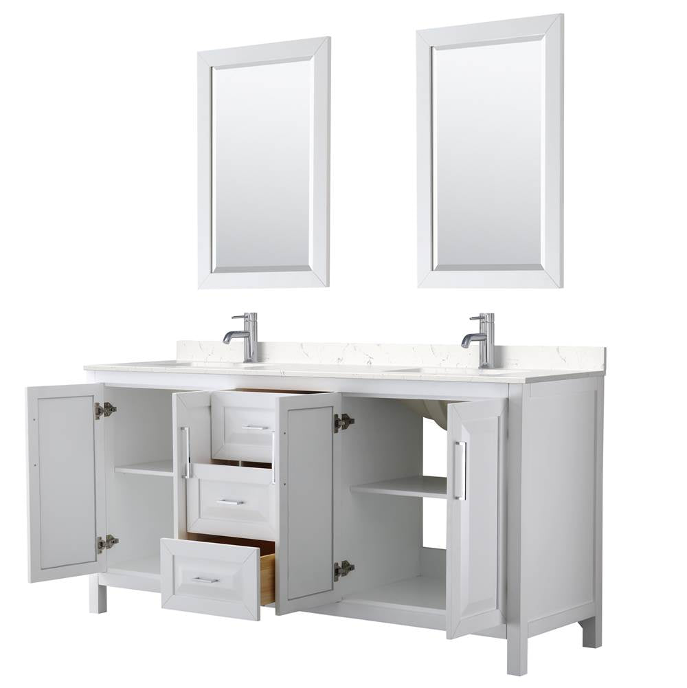 Daria 72 Inch Double Bathroom Vanity in White, Carrara Cultured Marble Countertop, Undermount Square Sinks, 24 Inch Mirrors