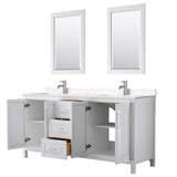Daria 72 Inch Double Bathroom Vanity in White, Carrara Cultured Marble Countertop, Undermount Square Sinks, 24 Inch Mirrors