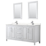 Wyndham Collection - Daria 72 Inch Double Bathroom Vanity in White, Carrara Cultured Marble Countertop, Undermount Square Sinks, 24 Inch Mirrors