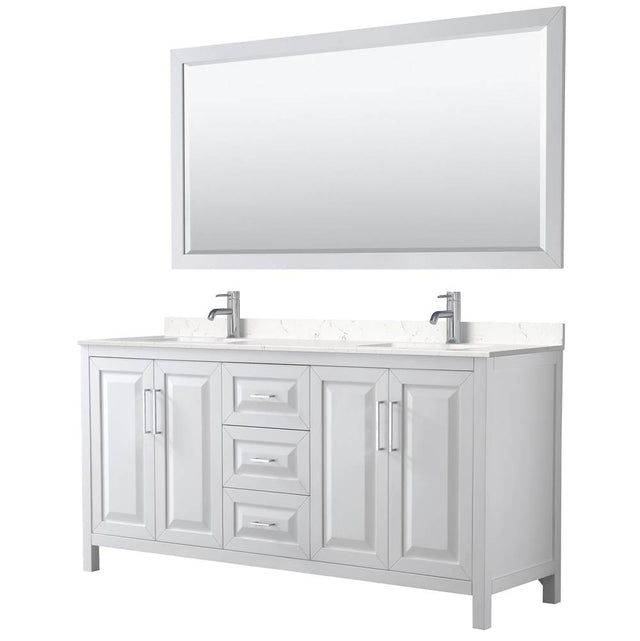 Wyndham Collection - Daria 72 Inch Double Bathroom Vanity in White, Carrara Cultured Marble Countertop, Undermount Square Sinks, 70 Inch Mirror