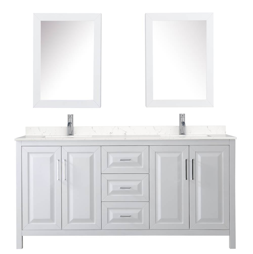 Daria 72 Inch Double Bathroom Vanity in White, Carrara Cultured Marble Countertop, Undermount Square Sinks, Medicine Cabinets