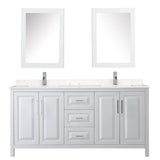 Daria 72 Inch Double Bathroom Vanity in White, Carrara Cultured Marble Countertop, Undermount Square Sinks, Medicine Cabinets