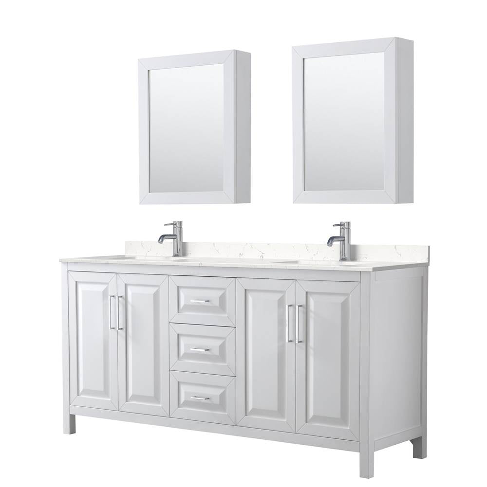 Wyndham Collection - Daria 72 Inch Double Bathroom Vanity in White, Carrara Cultured Marble Countertop, Undermount Square Sinks, Medicine Cabinets