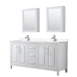 Wyndham Collection - Daria 72 Inch Double Bathroom Vanity in White, Carrara Cultured Marble Countertop, Undermount Square Sinks, Medicine Cabinets