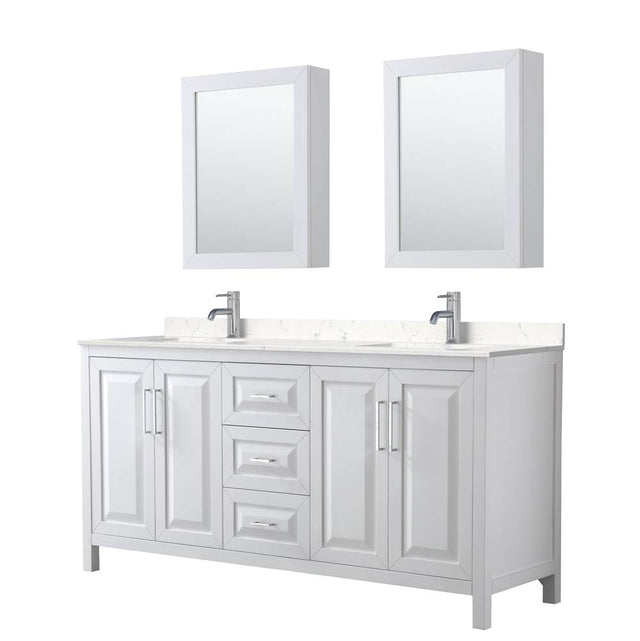 Wyndham Collection - Daria 72 Inch Double Bathroom Vanity in White, Carrara Cultured Marble Countertop, Undermount Square Sinks, Medicine Cabinets