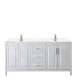 Daria 72 Inch Double Bathroom Vanity in White, Carrara Cultured Marble Countertop, Undermount Square Sinks, No Mirror