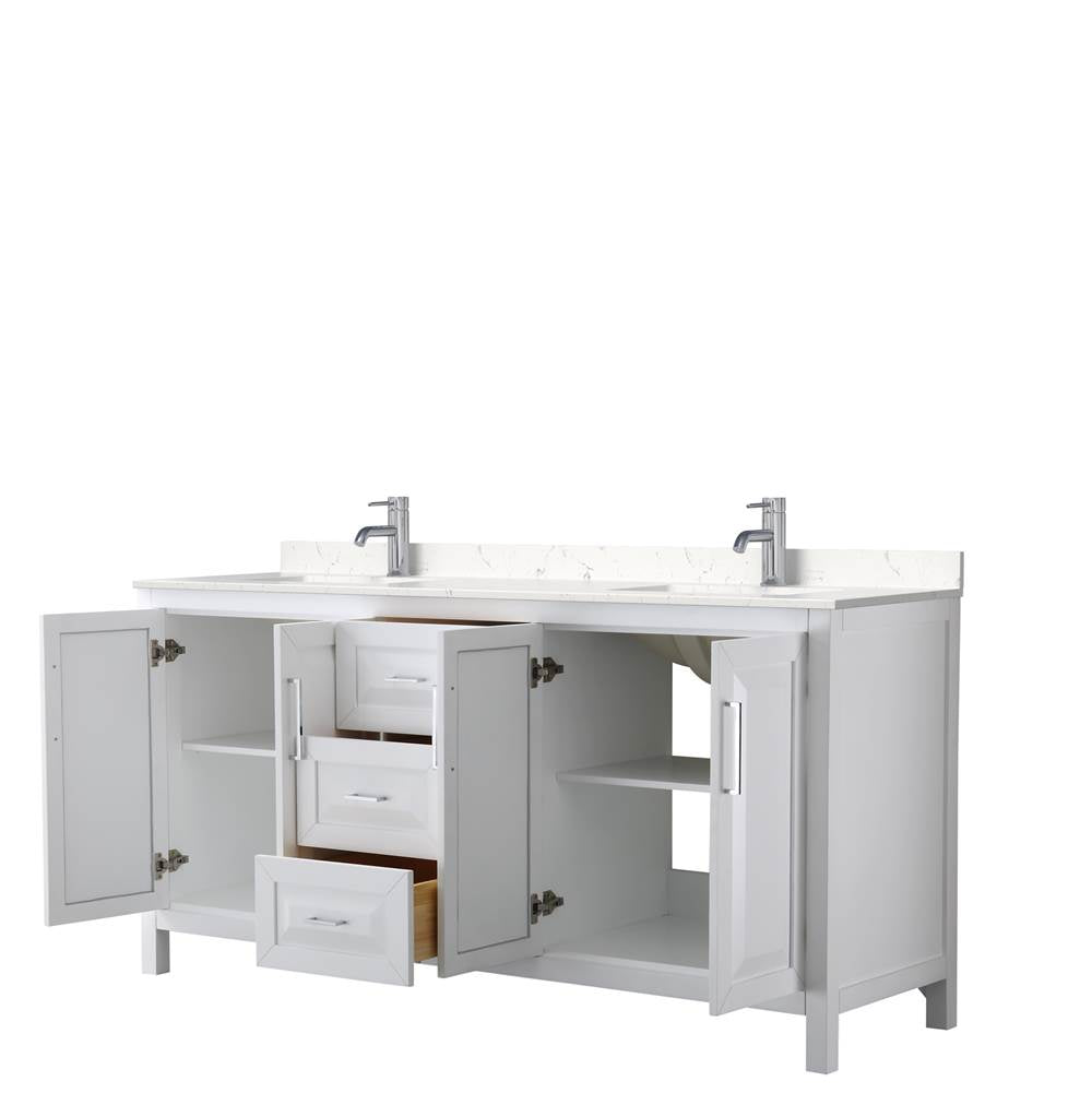 Daria 72 Inch Double Bathroom Vanity in White, Carrara Cultured Marble Countertop, Undermount Square Sinks, No Mirror