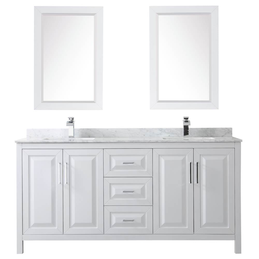 Daria 72 Inch Double Bathroom Vanity in Dark Blue, White Carrara Marble Countertop, Undermount Square Sinks, 24 Inch Mirrors