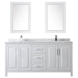 Daria 72 Inch Double Bathroom Vanity in Dark Blue, White Carrara Marble Countertop, Undermount Square Sinks, 24 Inch Mirrors