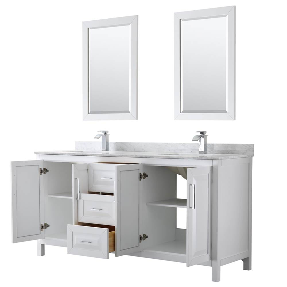 Daria 72 Inch Double Bathroom Vanity in Dark Blue, White Carrara Marble Countertop, Undermount Square Sinks, 24 Inch Mirrors