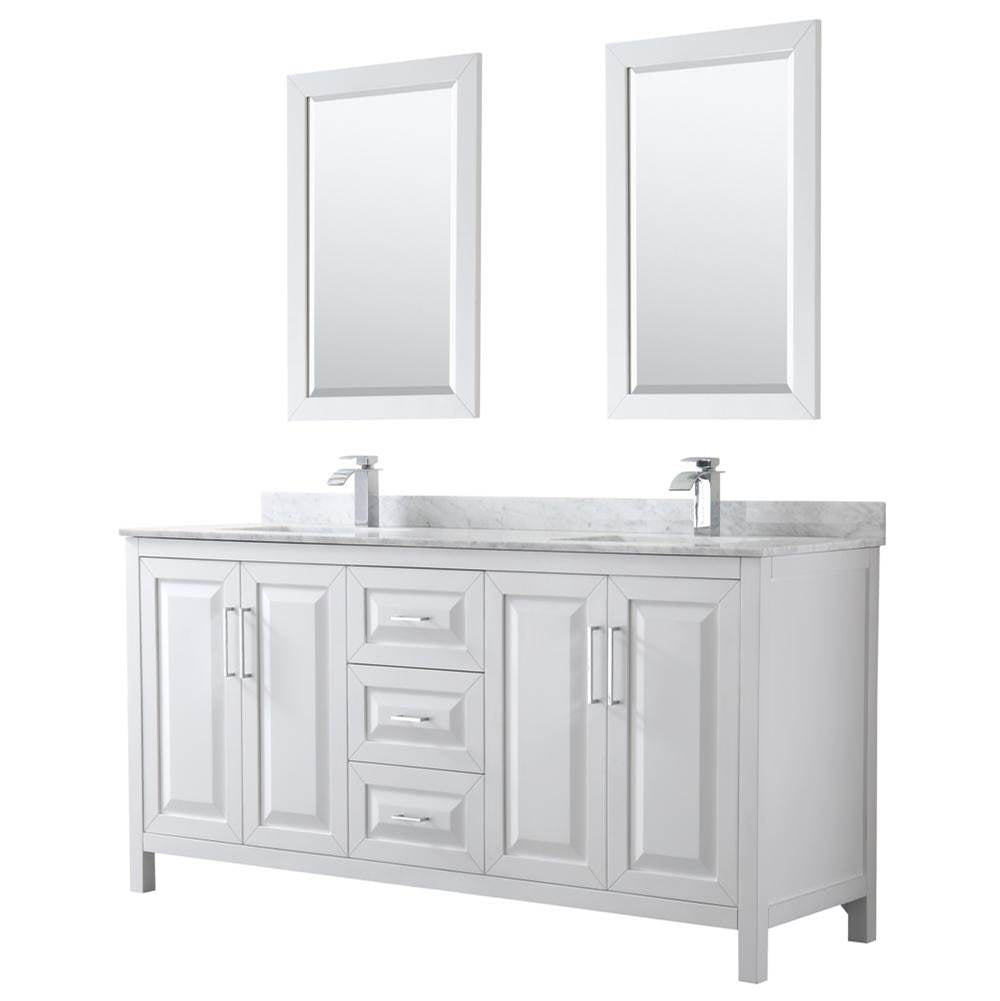 Wyndham Collection - Daria 72 Inch Double Bathroom Vanity in White, White Carrara Marble Countertop, Undermount Square Sinks, and 24 Inch Mirrors - White