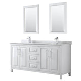 Wyndham Collection - Daria 72 Inch Double Bathroom Vanity in White, White Carrara Marble Countertop, Undermount Square Sinks, and 24 Inch Mirrors - White