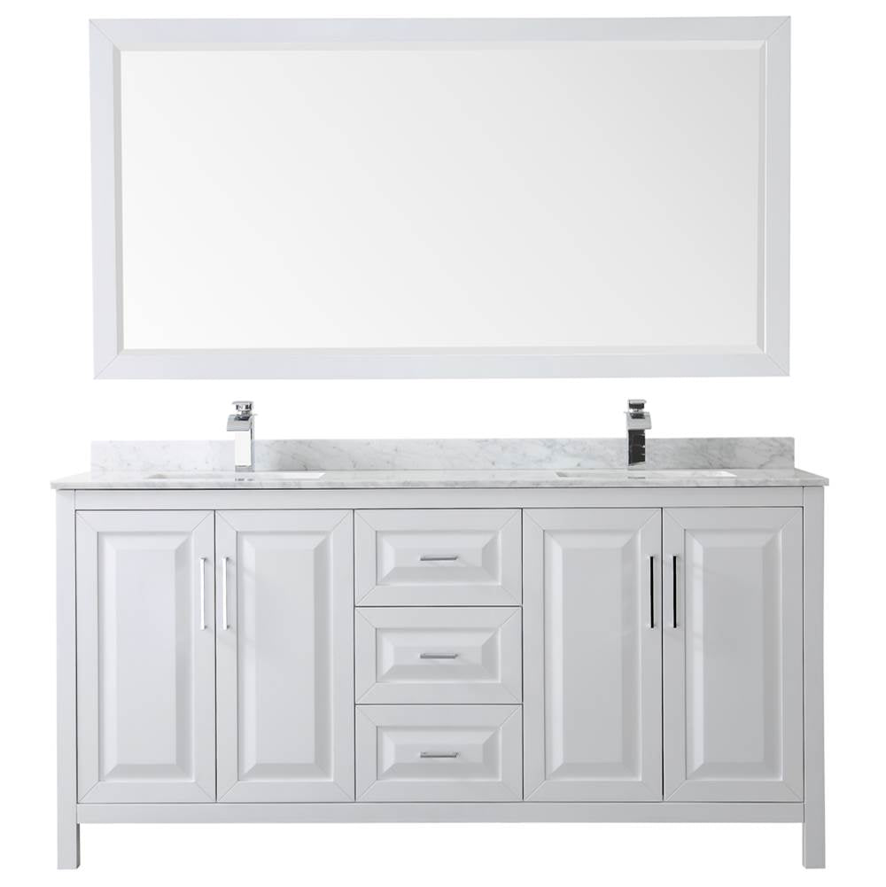 Daria 72 Inch Double Bathroom Vanity in Dark Blue, White Carrara Marble Countertop, Undermount Square Sinks, 70 Inch Mirror