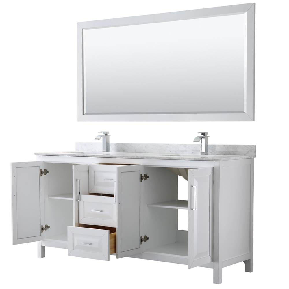 Daria 72 Inch Double Bathroom Vanity in Dark Blue, White Carrara Marble Countertop, Undermount Square Sinks, 70 Inch Mirror