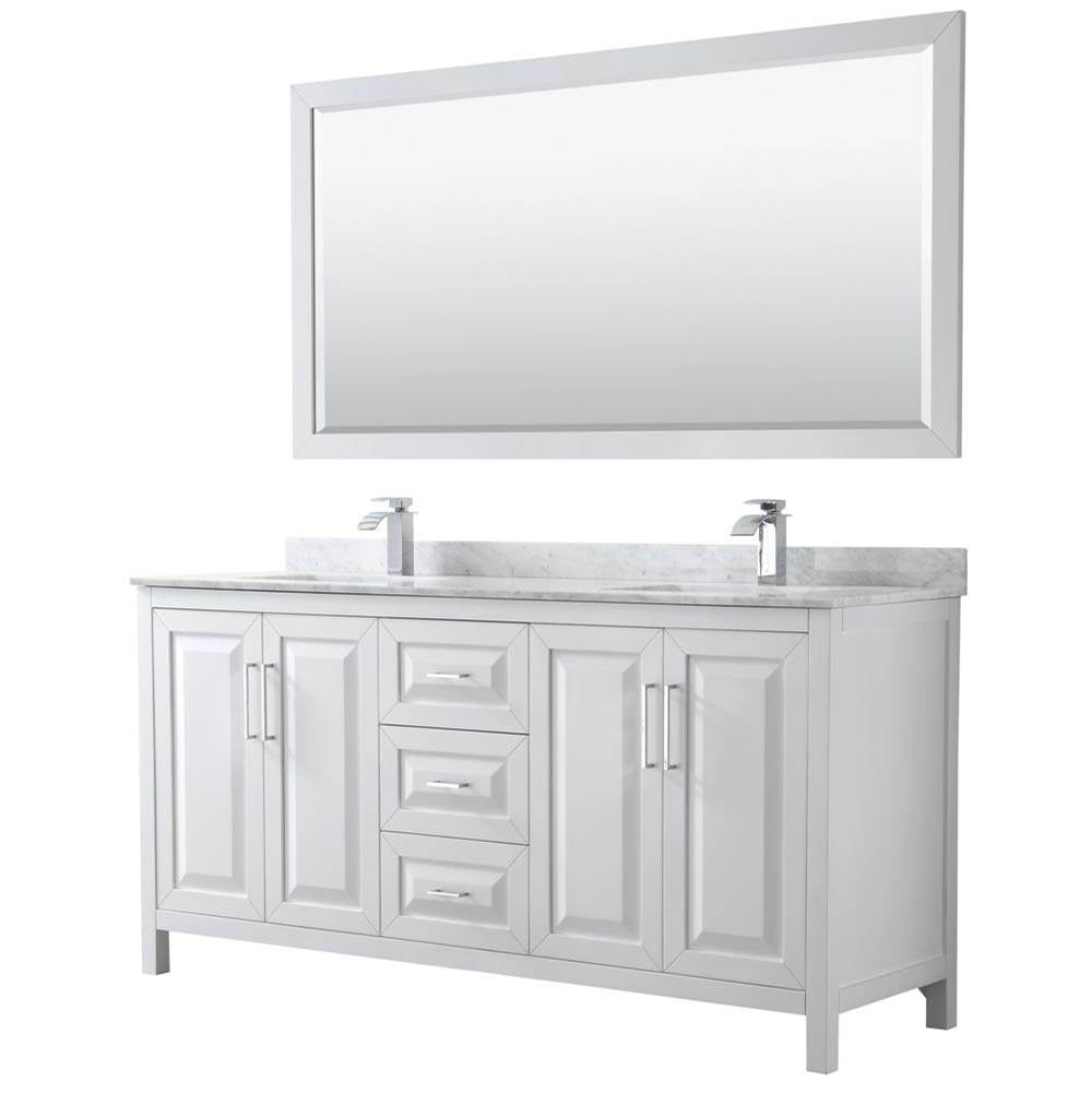 Wyndham Collection - Daria 72 Inch Double Bathroom Vanity in White, White Carrara Marble Countertop, Undermount Square Sinks, and 70 Inch Mirror - White