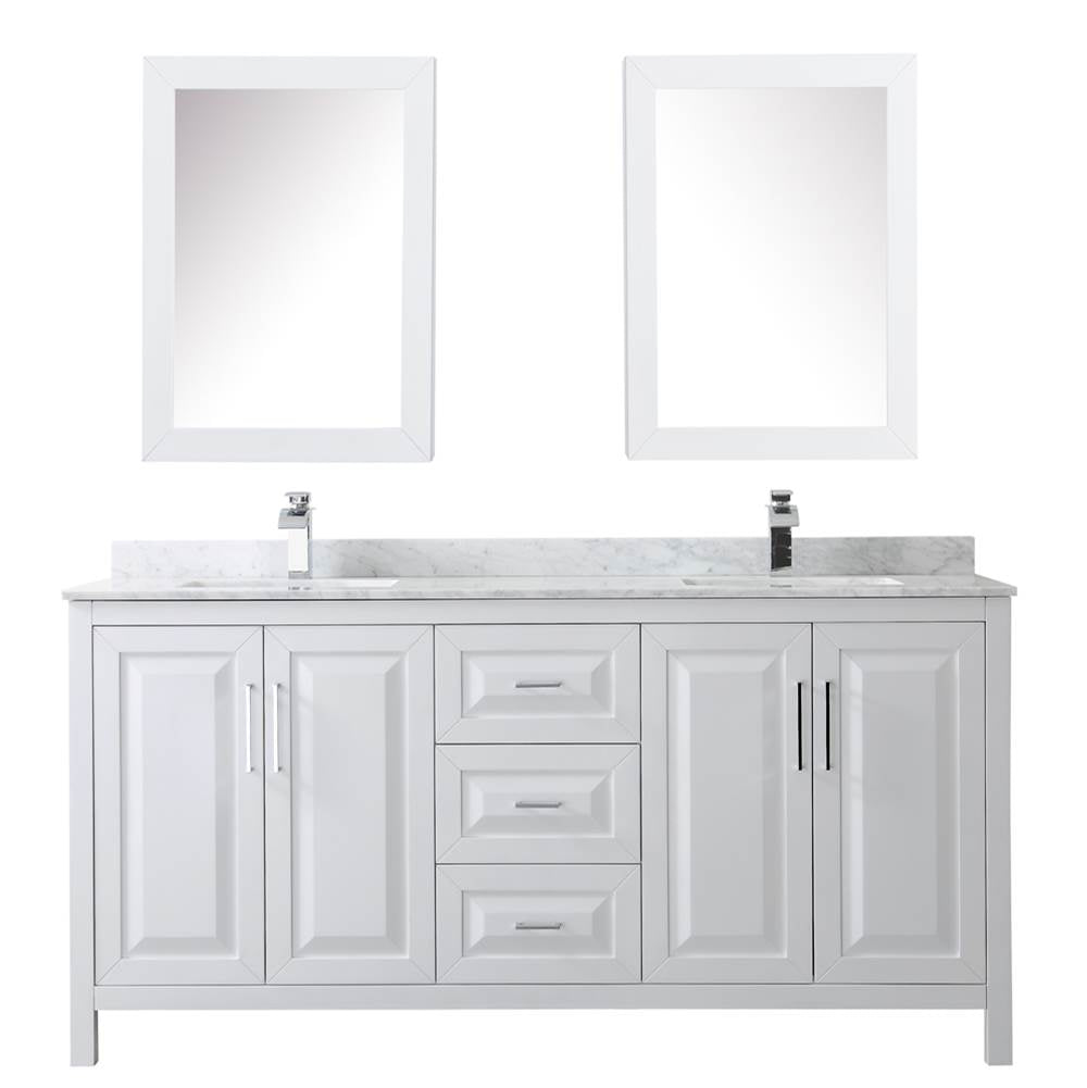 Daria 72 Inch Double Bathroom Vanity in Dark Blue, White Carrara Marble Countertop, Undermount Square Sinks, Medicine Cabinets