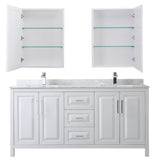 Daria 72 Inch Double Bathroom Vanity in Dark Blue, White Carrara Marble Countertop, Undermount Square Sinks, Medicine Cabinets