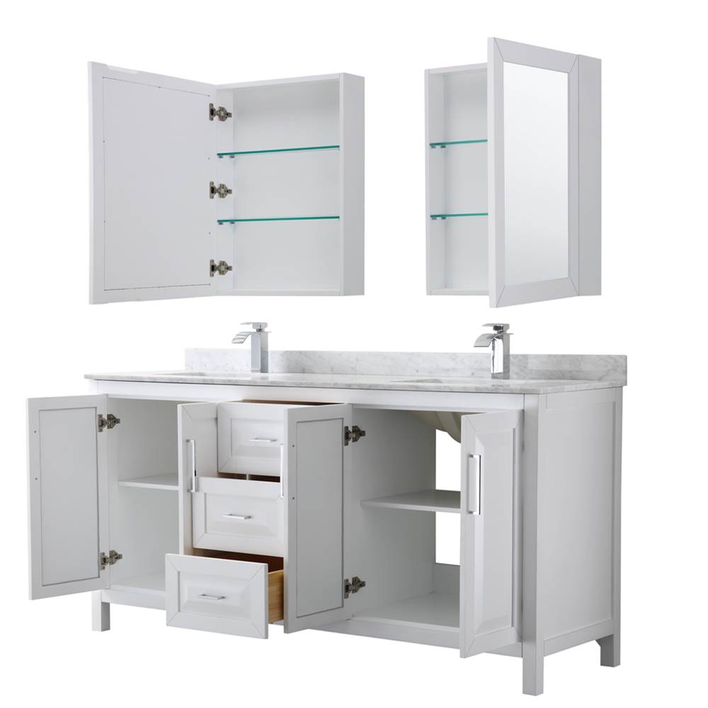 Daria 72 Inch Double Bathroom Vanity in Dark Blue, White Carrara Marble Countertop, Undermount Square Sinks, Medicine Cabinets
