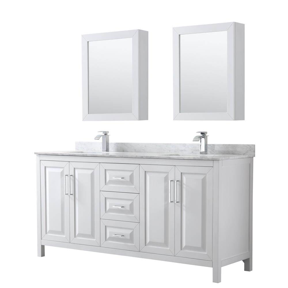 Wyndham Collection - Daria 72 Inch Double Bathroom Vanity in White, White Carrara Marble Countertop, Undermount Square Sinks, and Medicine Cabinets - White
