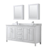 Wyndham Collection - Daria 72 Inch Double Bathroom Vanity in White, White Carrara Marble Countertop, Undermount Square Sinks, and Medicine Cabinets - White