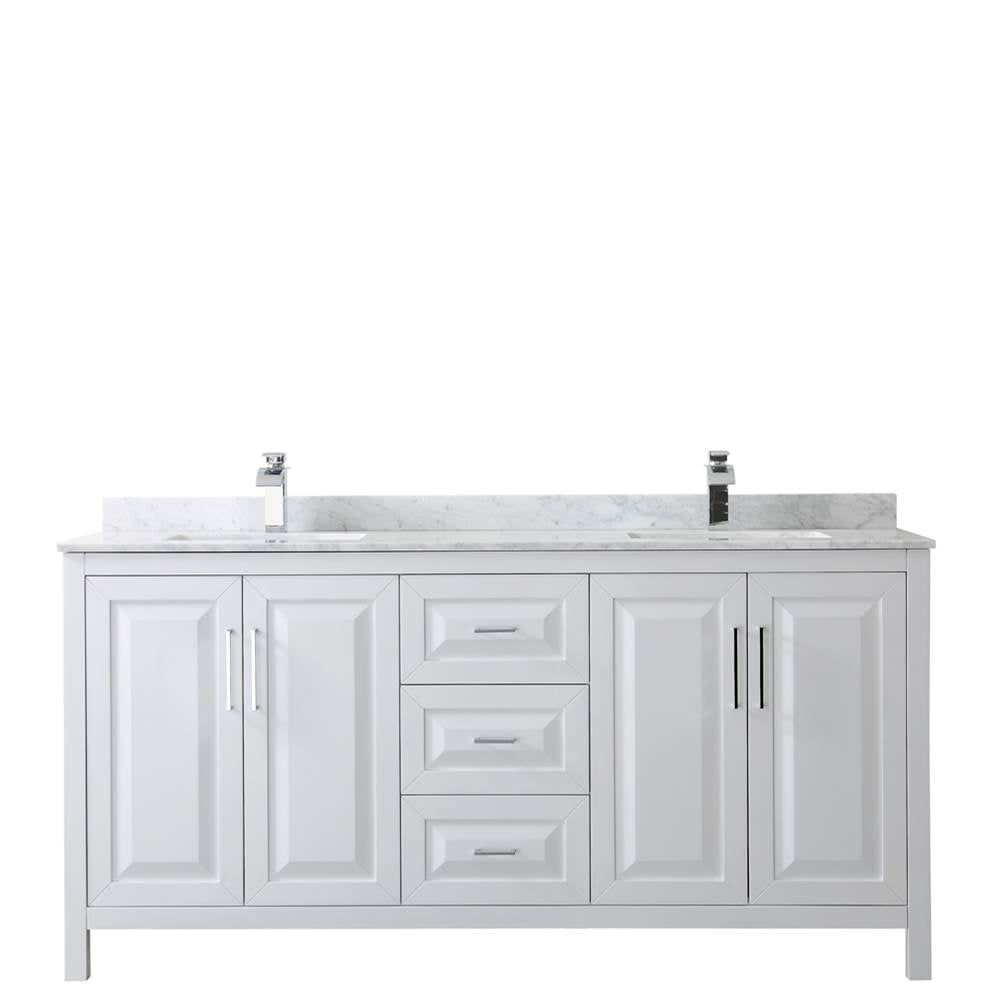 Daria 72 Inch Double Bathroom Vanity in Dark Blue, White Carrara Marble Countertop, Undermount Square Sinks, No Mirror