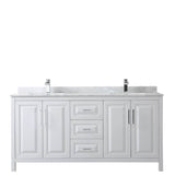 Daria 72 Inch Double Bathroom Vanity in Dark Blue, White Carrara Marble Countertop, Undermount Square Sinks, No Mirror